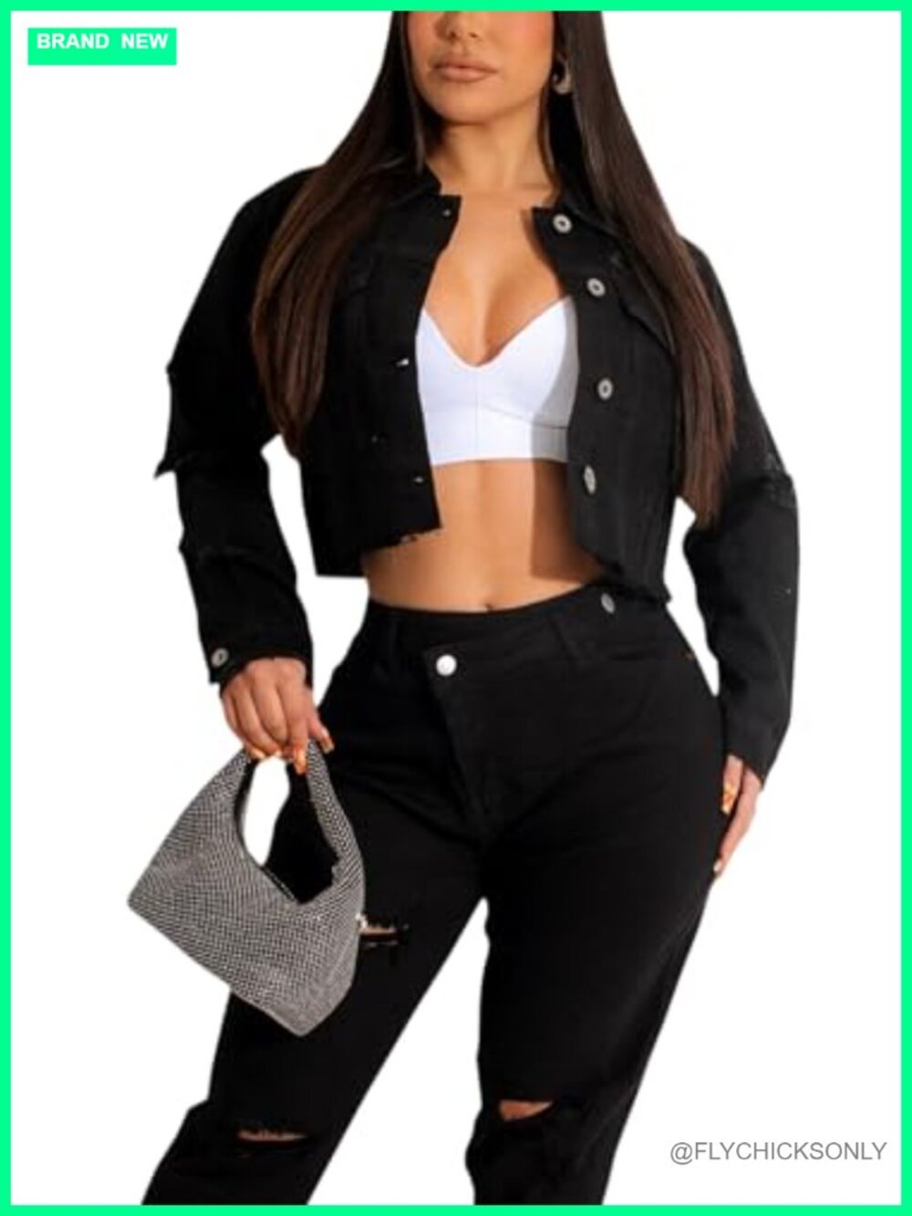 Cropped Denim Jacket Long Sleeve Button Down Casual Jean Coat